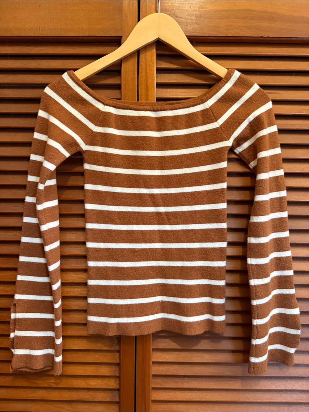 Striped Brown and White Boatneck Women's Sweater XS